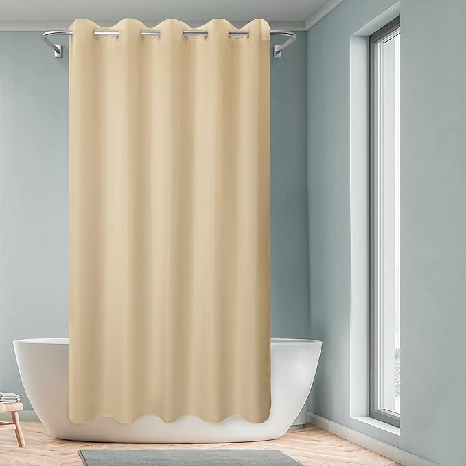 Extra Long No Hook Beige Shower Curtain or Liner - Soft Microfiber 84" Long Fabric Shower Curtain Liner Set, Machine Washable & Water Repellent, Beige, 71x86