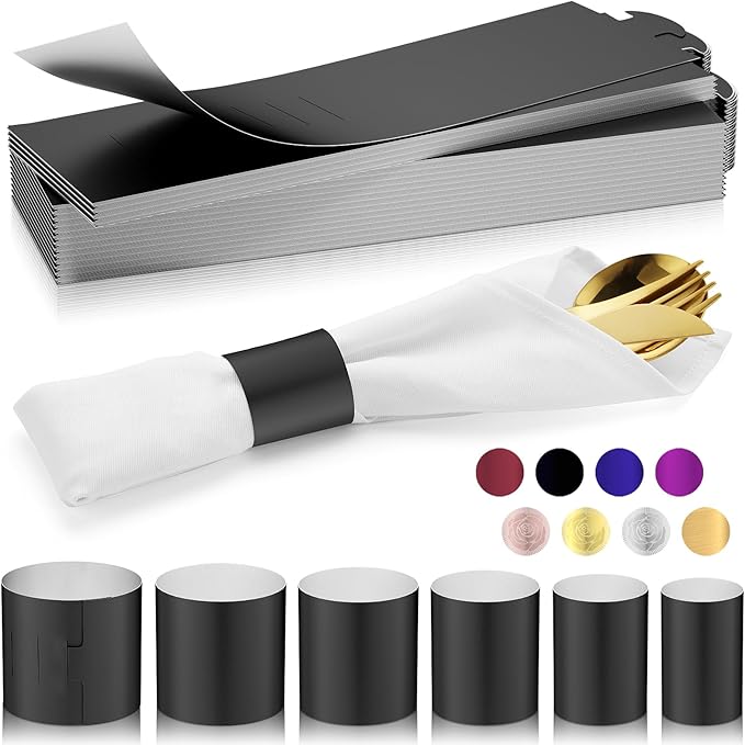 Polymer Material Reusable Napkin Band, Glue-Free Tear-Proof Water Resistant Oil-Proof Napkin Bands Set of 200(Front Black Color and Back White), 6 Adjustable Sizes Napkin Rings