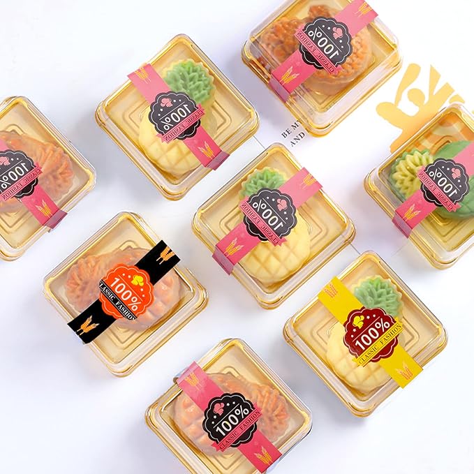 50 Pcs 3.5 Inch Mini Cake Box, Clear Plastic Cupcake Container for Muffins, Cookies, Mooncakes - Small Single Dessert Holder for Wedding, Birthday - Bonus 50 Pcs Gold Stickers