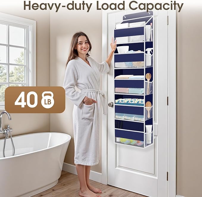 1 Pack Over The Door Organizer, Hanging Storage Organizer with Clear Window, 40lb Ultra Sturdy Large Capacity Room Organizer for Pantry Laundry Bathroom Nursery Closet (Blue)