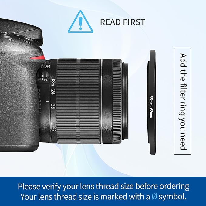 55-62mm Step-Up Ring Adapter, 55mm to 62mm Step Up Filter Ring for 55mm Lens Mount 62mm for DSLR Lenses and ND UV CPL IR Filters （55-62mm）