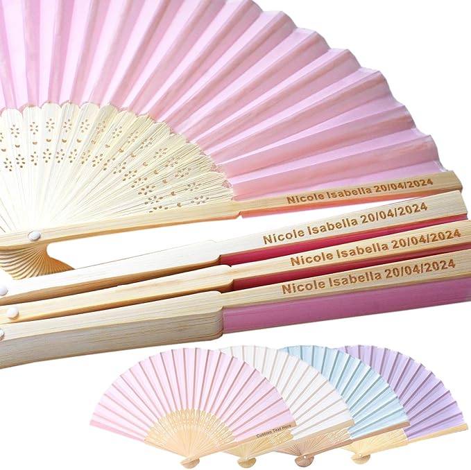 200 Pcs Personalized Pink Wedding Folding Fans for Guests, Custom Engraved Summer Wedding Fans, Folded Hand Fans for Wedding Favors, Vintage Silk Handheld Fans for Bridal Shower Decorations