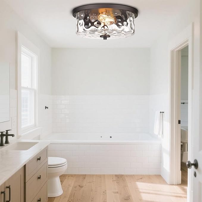 Indoor Flush Mount Lights, 2-Light Interior Hammered Glass Ceiling Fixture, Antique Bronze for Hallway, Dining Room, Kitchen