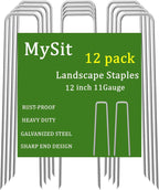 MySit 12" Garden Stakes Pins Landscape Staples 11Ga Tent Stakes 12 Pack, Heavy Duty Galvanized Steel Metal Yard Stakes Ground Lawn Staples Fence Anchors for Weed Barrier Fabric