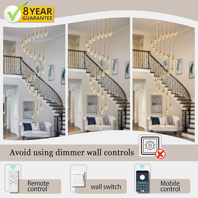 138'' Large Chandeliers for Living Room Modern Crystal Gold Chandeliers Spiral Staircase Pendant Light High Ceiling Lamp Fixture for Foyer Entrance Dimmable 2700-6000K