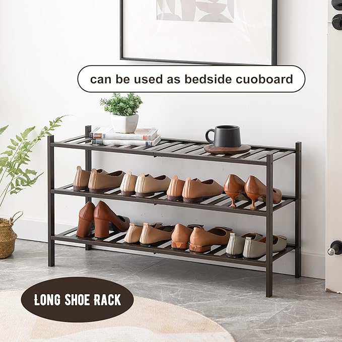 Long Shoe Rack, 3-Tier Bamboo Stackable Shoe Shelf Storage Organizer, Shoe Stand for Closet, Entryway and Hallway