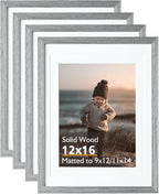 KINLINK 12x16 Picture Frame Grey, Solid Wood Frames with Acrylic Plexiglass for Pictures 11x14/9x12 with Mat or 12x16 without Mat,Wall Display Photo Frame, Set of 4