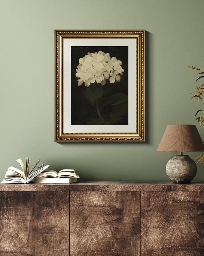 VIYYIEA Gold Framed Wall Art Canvas Print Home Decor Vintage Flower Prints Room Aesthetic White Hydrangea Oil Painting Picture Gifts Bedroom Bathroom Floral Wall Decor Kitchen Farmhouse Office 13x16in