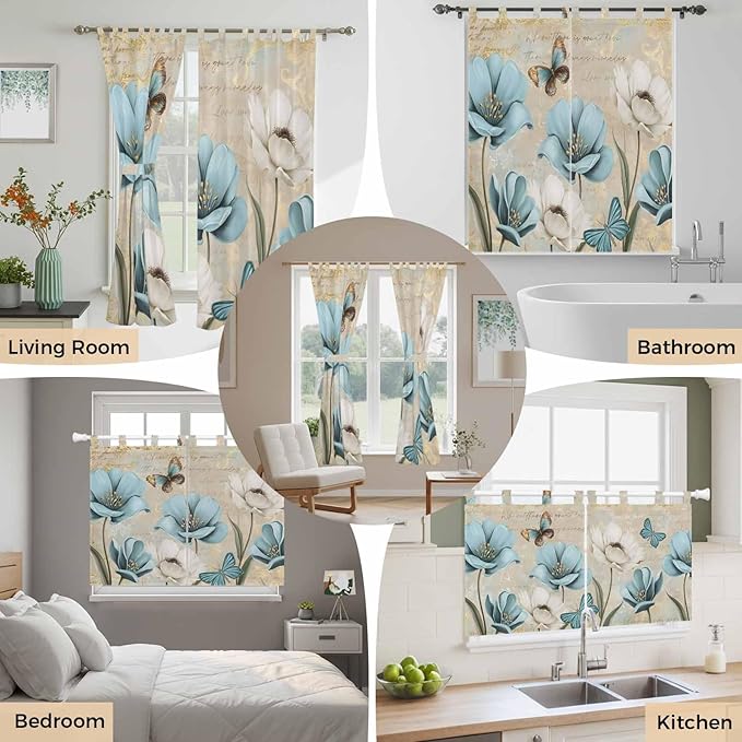 Spring Flowers Kitchen Curtains 45 Inch Length, Short Cafe Window Curtains Tab Top, Vintage Rustic Tulips Floral Butterfly Khaki Light Filtering Window Treatments Tier Drapes 27.5"x45" 2 Panel