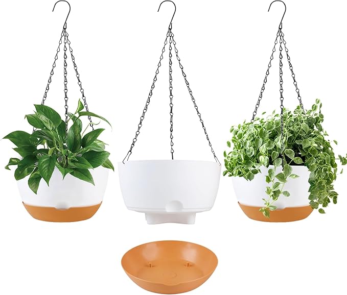 KPUVX 10 inch Hanging Planters Self Watering Pots for Indoor Plants, 3 Pack Plastic Hanging Basket with Removable Tray for Home Garden Porch Balcony Patio Decor (White)