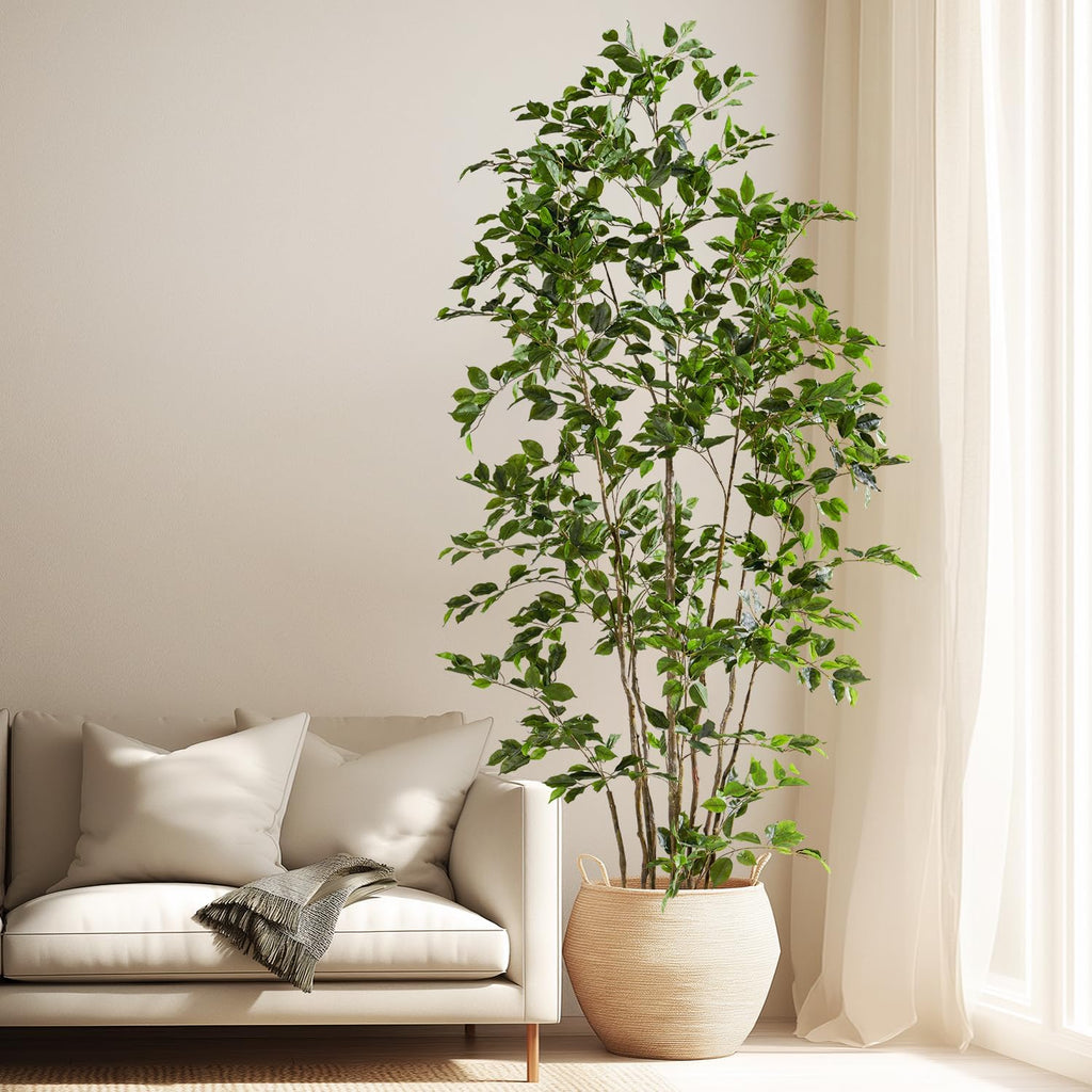 Artificial Ficus Tree Indoor 8ft, Large Potted Faux Tree with Realistic Silk Leaves & Trunk for Home Office, Living Room Corner Decor