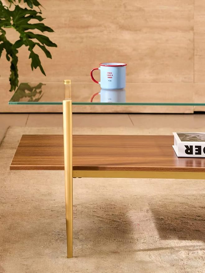 Shrine Rectangle Coffee Table, Mid-Century Modern Design, 2-Tier Structure, Clear Glass Top and Walnut MDF Shelf, 41" D x 21" W x 17" H, Sleek Conical Metal Legs with Gold Finish