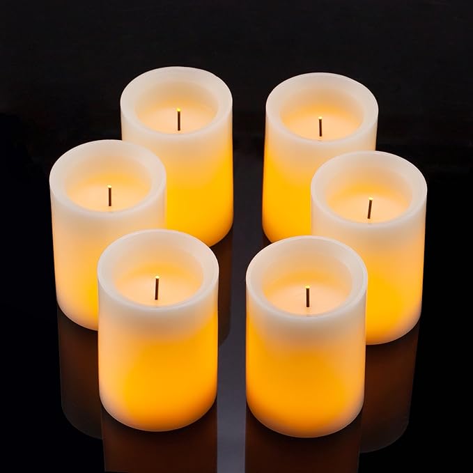 Flameless Flickering LED Candles 3" X 4" with 10-Key Remote Control Timer Classic Pillar Optical Fiber Wick Real Wax Battery Operated Candles, Ivory Color, Set of 6