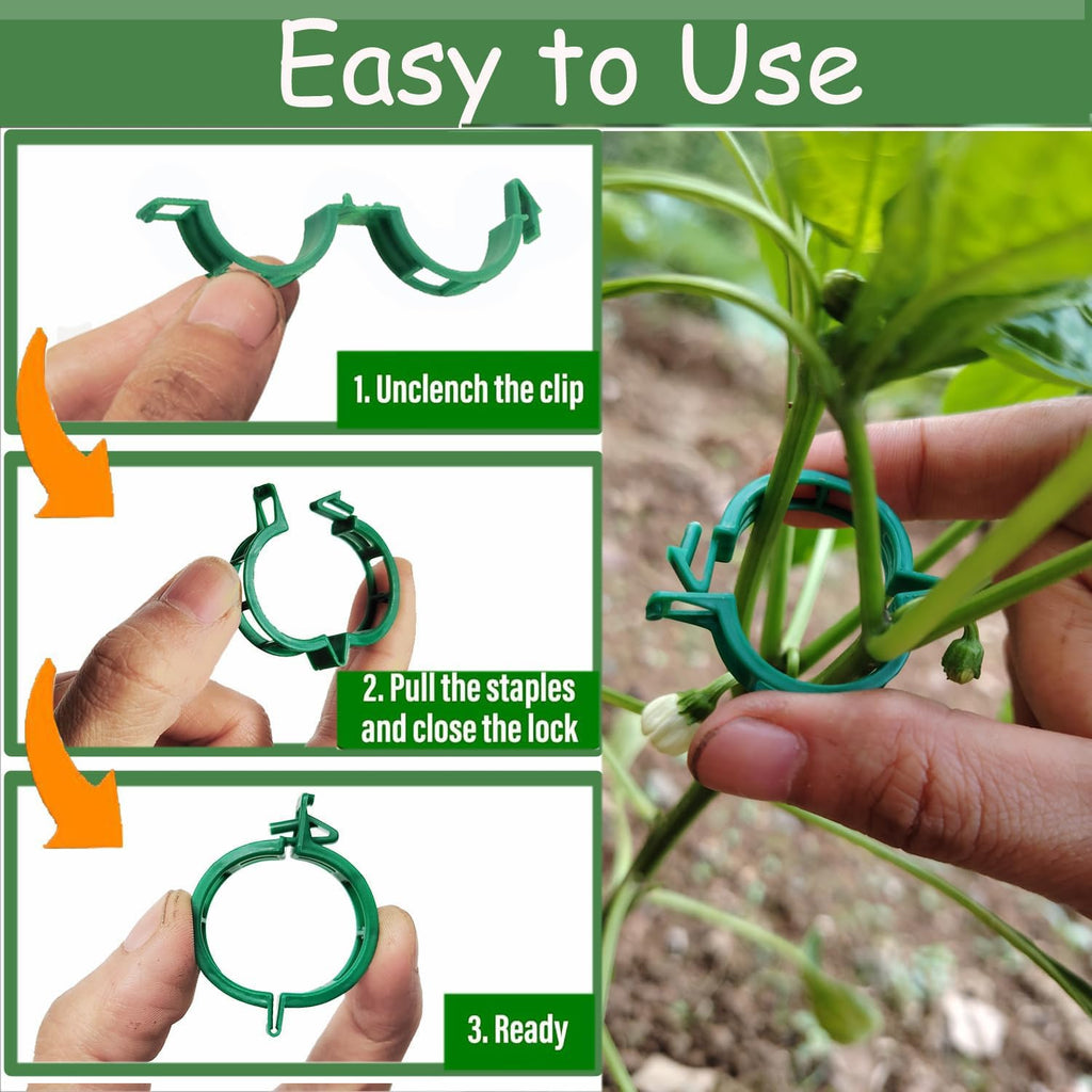 7Queen 100pcs Plant Support Clips - Green Tomato Clips for String Trellis, Grape Vine Clips for Garden Netting Climbing Plants, Secured Plastic Plant Clip for Fixing Stem and Vine