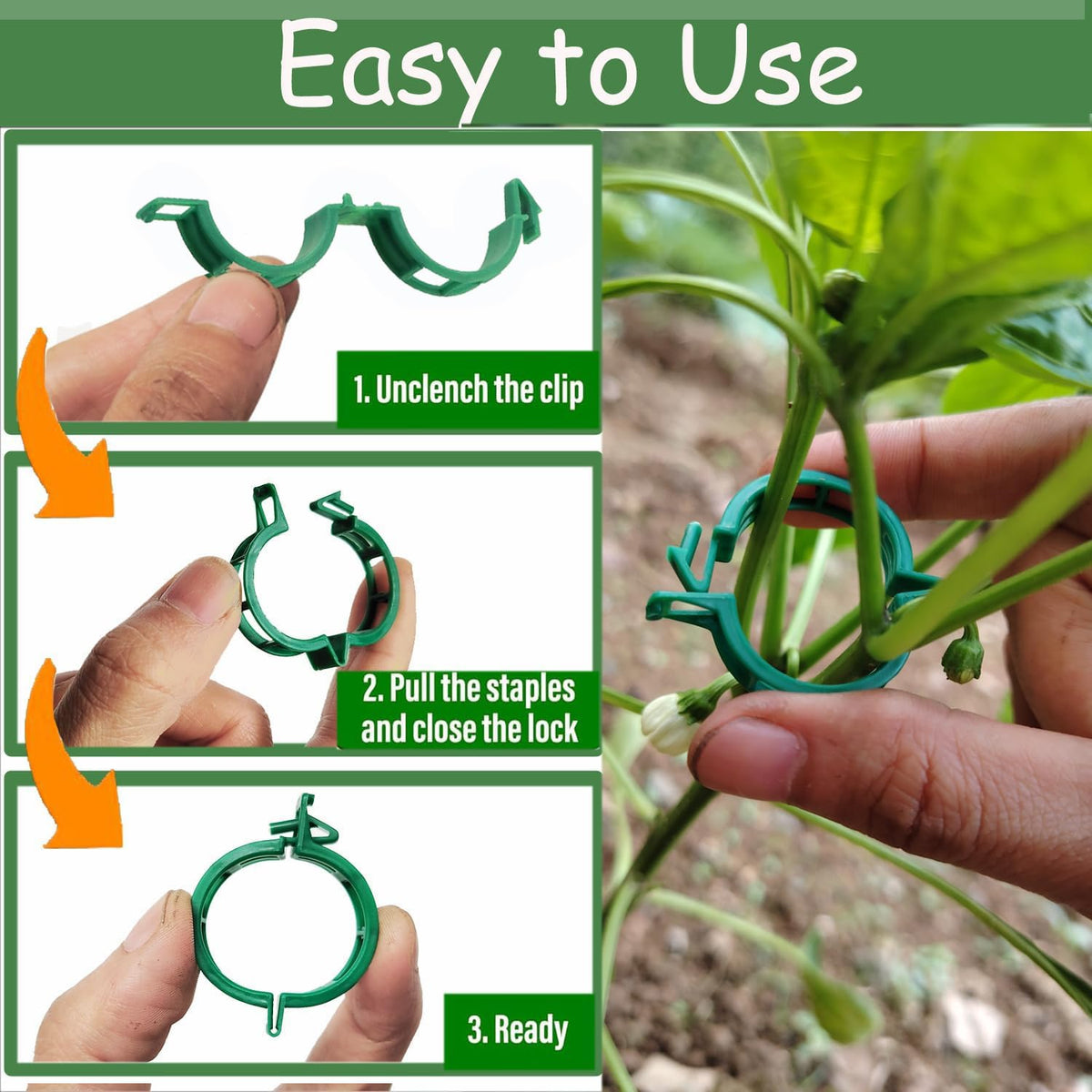 7Queen 100pcs Plant Support Clips - Green Tomato Clips for String Trellis, Grape Vine Clips for Garden Netting Climbing Plants, Secured Plastic Plant Clip for Fixing Stem and Vine