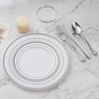 BESTVIP 450PCS Plastic Dinnerware Set (75 Guests), Silver Disposable Plates for Party, Wedding, Christmas, Anniversary, Includes: Dinner Plates, Dessert Plates, Cups, Spoons, Forks and Knives