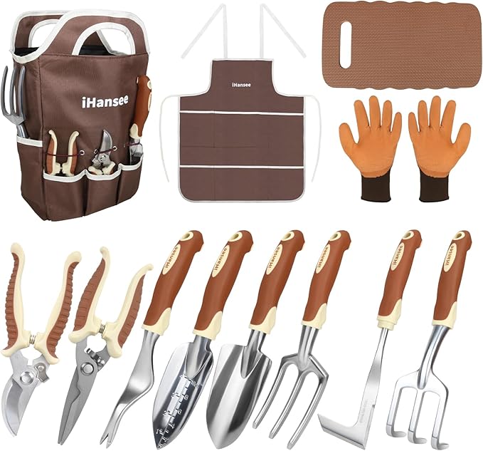 Brown Gardening Tools Set 12-Piece, Garden Hand Tool Kit with Non-Slip Ergonomic Handle, Storage Tote Bag, Garden Apron, Gloves and Kneeling Pad, Gardening Gifts for Women Men Plant Lover