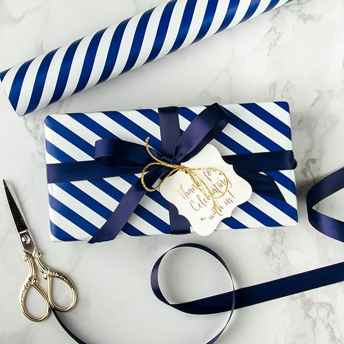 WRAPAHOLIC Reversible Wrapping Paper - Mini Roll - 17 Inch x 33 Feet - Navy and Stripes Design for Birthday, Holiday, Wedding, Baby Shower
