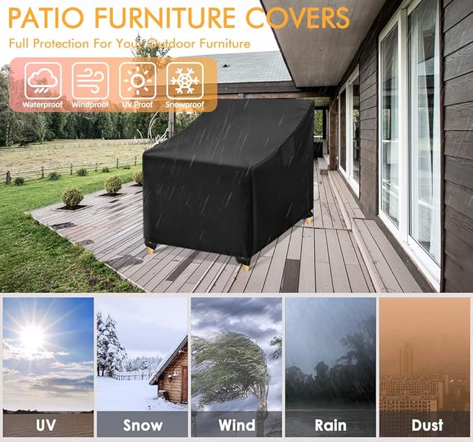 WLEAFJ Outdoor Chair Covers Waterproof, Black Lawn Patio Furniture Covers, Heavy Duty Patio Lounge Deep Seat Cover, 2 Pack - 26" W x 25" D x 34" H