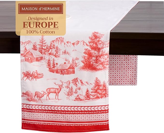 Maison d' Hermine Table Runner 100% Cotton Double Layer Table Runners 108 inches Long for Thanksgiving Christmas Decorations Home Kitchen Dining Party Wedding (Winter Jouy, 14.5" x 108")