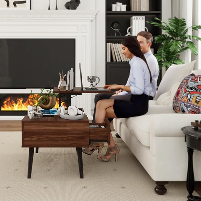 HAIOOU Lift Top Coffee Table with Storage, Mid Century Modern Coffee Tables with Drawer for Living Room,Walnut Rectangular Center Table with Pine Leg Anti-Scratching, Home, Office