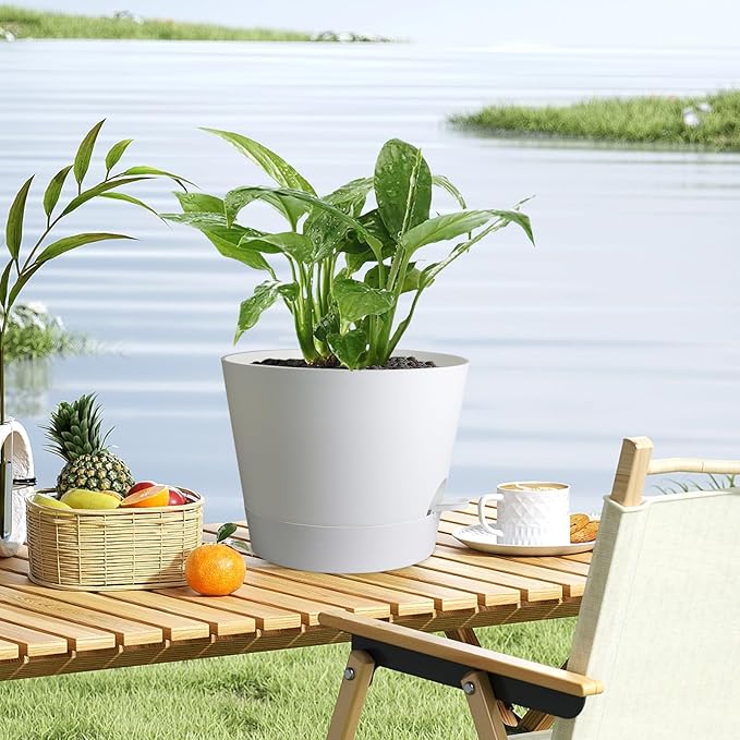12 inch Large Self Watering Pots for Indoor Outdoor Plants, Flower Plant Pots with Mesh Drainage Holes for Garden House, Plastic Planters with Reservoir for Home, White