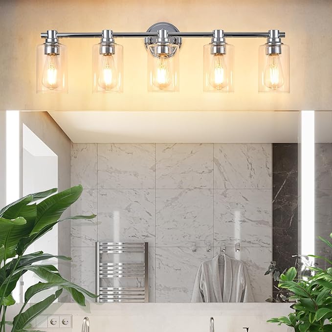 Bathroom Light Fixtures Wall Sconce Light with Clear Glass Chrome 5 Lights Bathroom Lighting Over Mirror Vanity Lights for Living Room,Bedroom,Restroom,Hallway E26 Base