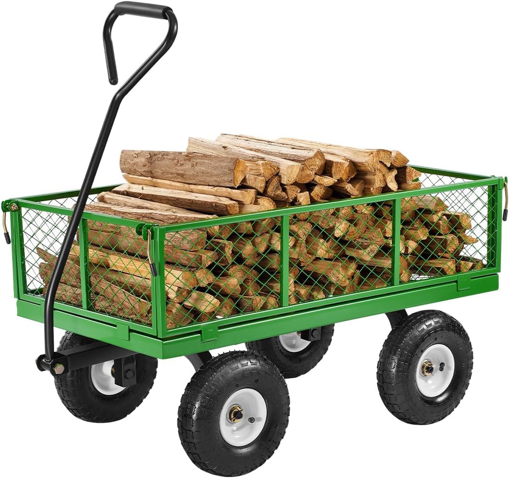 VEVOR 900 Lbs Steel Garden Cart on Wheels, Heavy Duty Pullable Garden Wagon Yard Cart, Outdoor Metal Utility Wagon with 10" Tires and Mesh Removable Sides(Convert to Flatbed), and 180°Rotating Handle