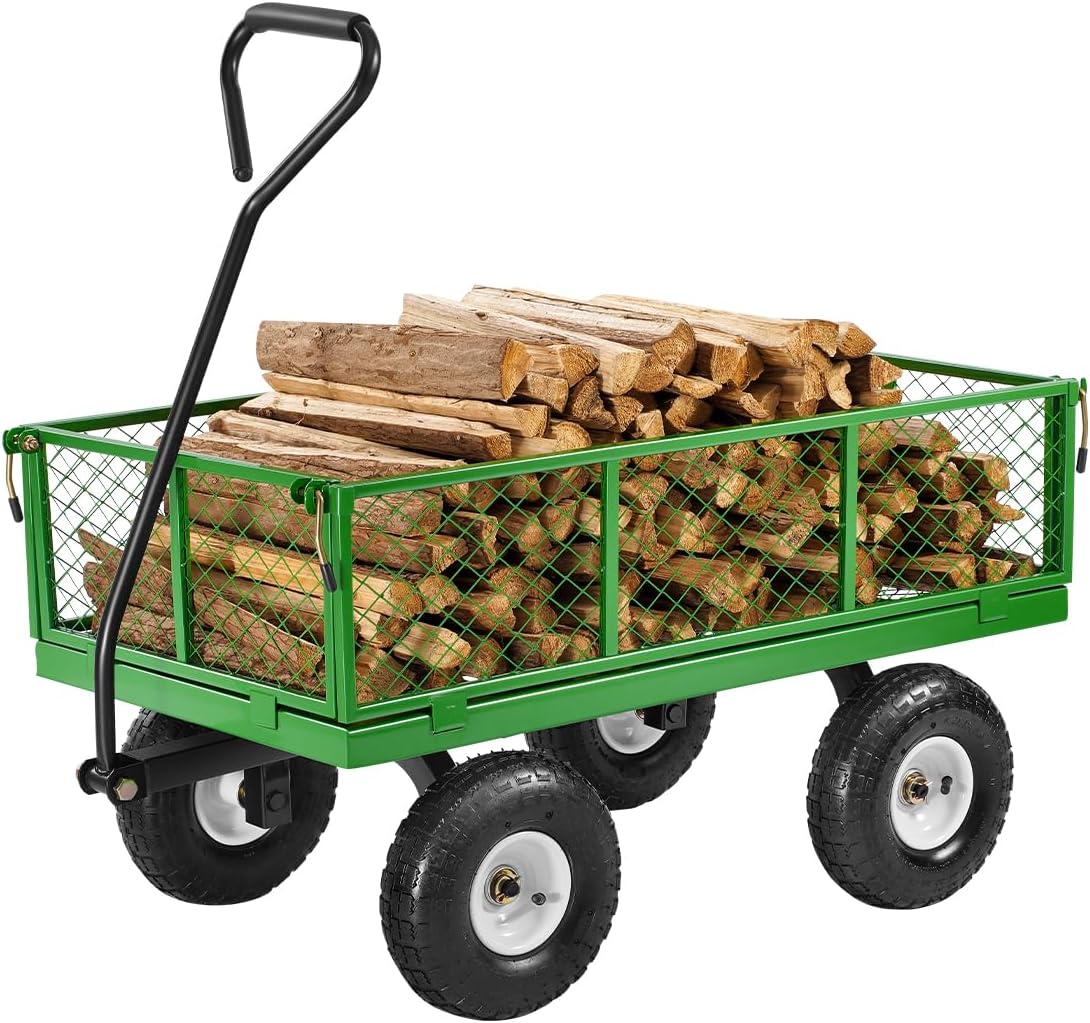 VEVOR 900 Lbs Steel Garden Cart on Wheels, Heavy Duty Pullable Garden Wagon Yard Cart, Outdoor Metal Utility Wagon with 10" Tires and Mesh Removable Sides(Convert to Flatbed), and 180°Rotating Handle