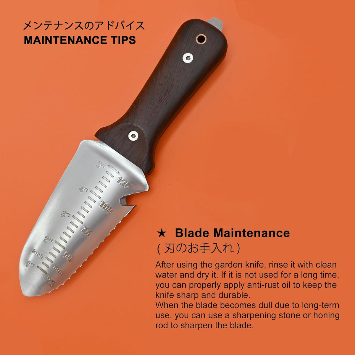 TONMA Hori Hori Garden Knife [Made in Japan] Heavy Duty Stainless Steel Japanese Hori Knife with Sheath Garden Tools, Natural Wenge Wood Handle, Full Tang, 5.5-Inch Blade