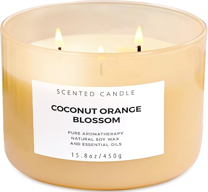 Coconut Orange Blossom 3 Wick Candle | Highly Scented Soy Candles for Home 15.8 oz, Summer & Tropical Scented Candle | Aromatherapy Stress Relief Candle, Relaxing Clean Burning Candles for Women & Men