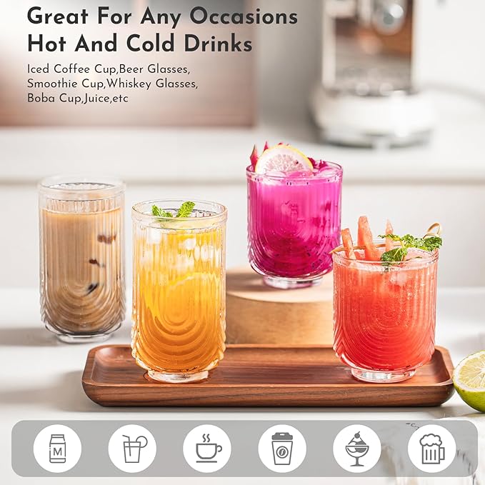 INSETLAN Vintage Glassware Arch Design Glass cups Set of 4, Fashioned Ripple Glassware Highball Glass, Classic Transparent Cocktail Glasses, for Bar Beverages Ice Coffee Juice Water (4pcs-L)