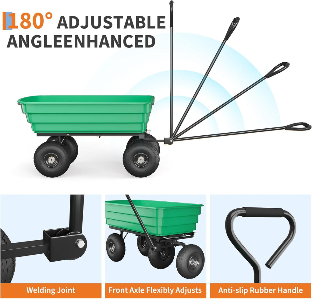 6 Cu.Ft. 1200Lbs Garden Cart Dump Wagon, Heavy-Duty 4 Wheel Wheelbarrow Yard Cart with 13-Inch All-Terrain Wheels, Features A Quick-Release Tipping Function, for Courtyards, Farm and Gardening