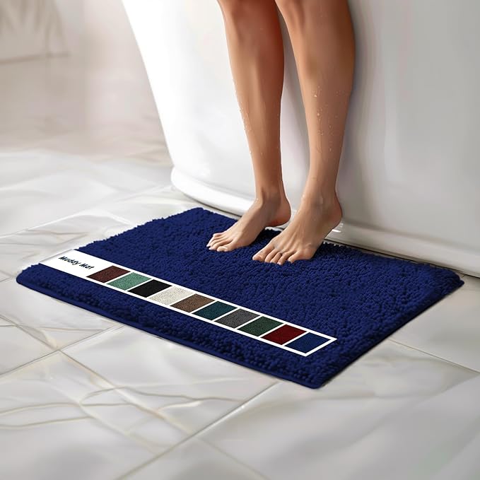 Muddy Mat Chenille Bathroom Rugs Quick Dry Microfiber Mats Non Slip Washable, Extra Thick, Soft and Highly Absorbent Bath Mats for Bathroom, Kitchen, and Shower Floor - Navy Blue Small 28"X18"