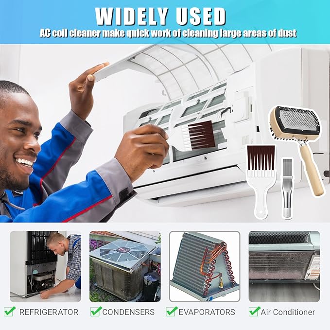 3 Pcs HVAC Coil Cleaning Brush & Fin Straightener Kit, Metal AC Fin Comb,Double-Sided Coil Brush,Coil Cleaning Tool - for MIni Splits,Refrigerator Coils,Condenser, Evaporator Coil Cleaning