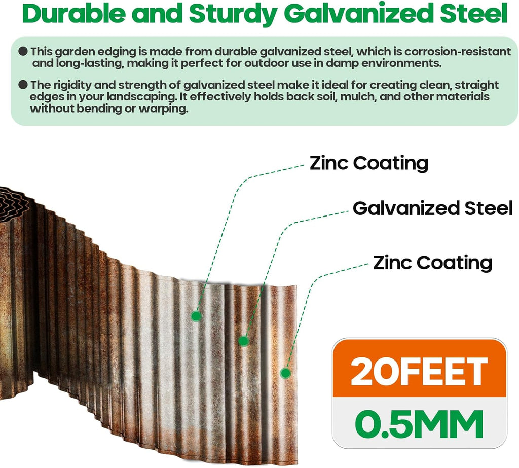 Corrugated Metal Garden Edging,Sturdy Tall Landscape Edging Borders with 6pcs Anchor Stakes, Perfect DIY for Flower Beds, Lawn and Pathway,Tree Surrounds,Paver Edges (Pre-Rusted 6"×20FT)