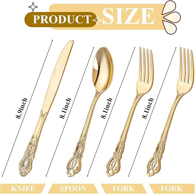 200PCS Gold Plastic Silverware - Heavy Duty Elegant Disposable Utensils - Gold Plastic Cutlery Set Includes 100Forks, 50Spoons, 50Knives for Dinner, Parties, Weddings