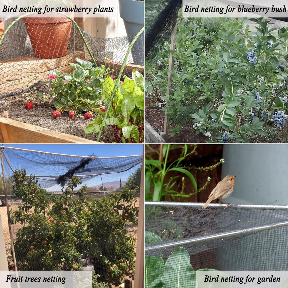 Junflying Bird Netting, 20x20 FT – 1/2" Mesh, Woven Black Netting for Garden Protection with Ties, Protects Vegetables, Fruit Trees, Blueberry Bushes & Strawberry Plants