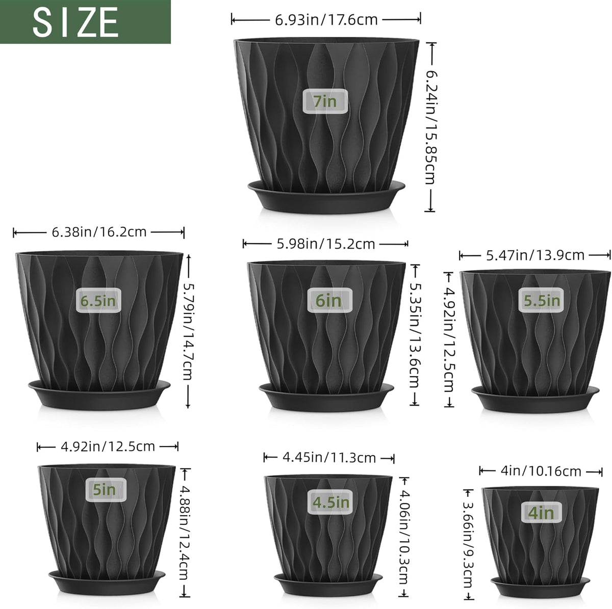 4/4.5/5/5.5/6/6.5/7 Inch Plant Pots,7 Pack Flower Pots with Drainage Holes and Trays,Plastic Planters for Indoor Outdoor Plants Growth,Black