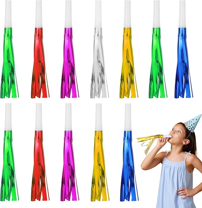24 Pcs Party Horns, Party blowers Noise Makers, Graduation Noise Makers Glitter Metallic Fringed Birthday Blowers for Wedding Birthday Graduation Ceremony Festival (6 Colors)