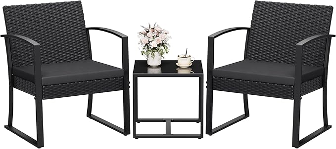 Homall Resin 3 Pieces Patio Furniture Set, Outdoor Bistro Set with Cushions and Glass Table, Conversation Set Rattan Chair for Porch, Balcony, Poolside, Garden (Black)
