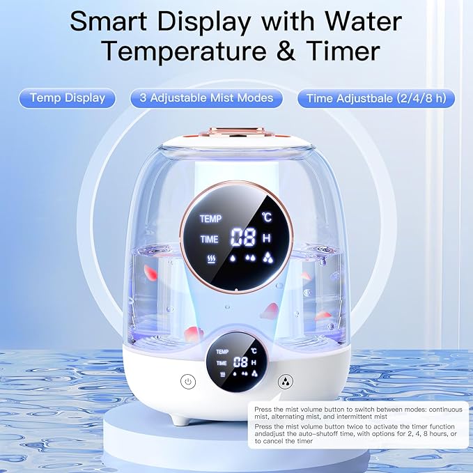Humidifiers for Bedroom, 3L Tank for 30H 20dB Quiet Mist Time, Dual Nozzles, LED Lights, Smart Timer (2/4/8 Hours), Auto Shut-Off, Perfect for Baby and Large Rooms, (White)