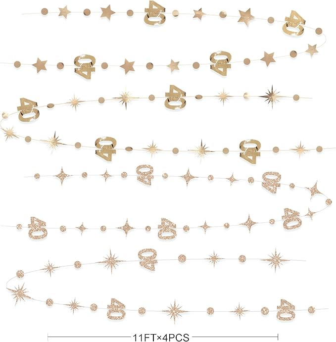 Champagne Gold 40th Birthday Decorations Number 40 Circle Dot Twinkle Star Garland Streamer Banner Backdrop for Women Mens Cheers to 40 Years Old Birthday Happy 40th Anniversary Party Supplies