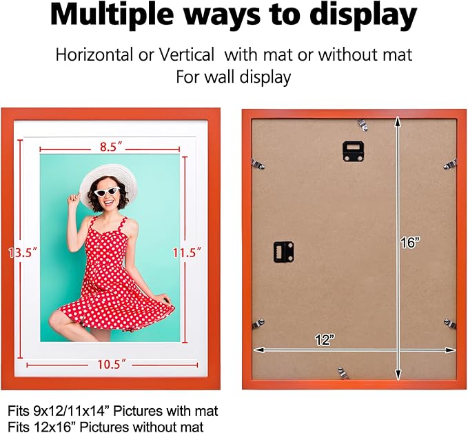KINLINK 12x16 Picture Frame Orange, Solid Wood Frames with Acrylic Plexiglass for Pictures 11x14/9x12 with Mat or 12x16 without Mat,Wall Display Photo Frame, Set of 4