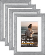 KINLINK A5 Picture Frame, Grey Solid Wood Frames with Acrylic Plexiglass for Pictures 4x6 with Mat or A5 without Mat, Tabletop and Wall Mounting Display 4 Pack