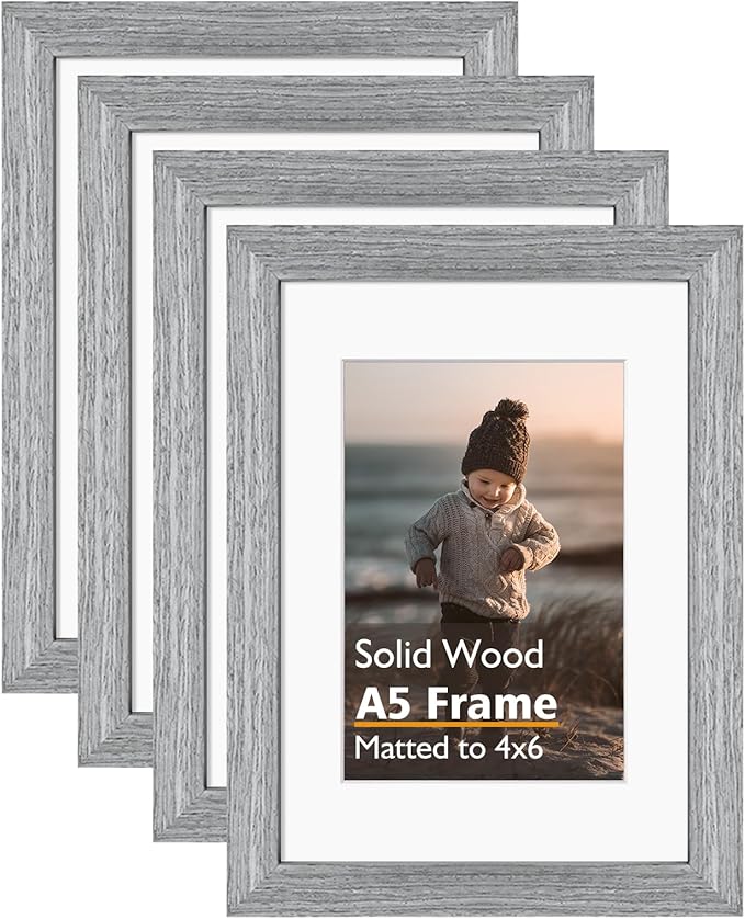 KINLINK A5 Picture Frame, Grey Solid Wood Frames with Acrylic Plexiglass for Pictures 4x6 with Mat or A5 without Mat, Tabletop and Wall Mounting Display 4 Pack