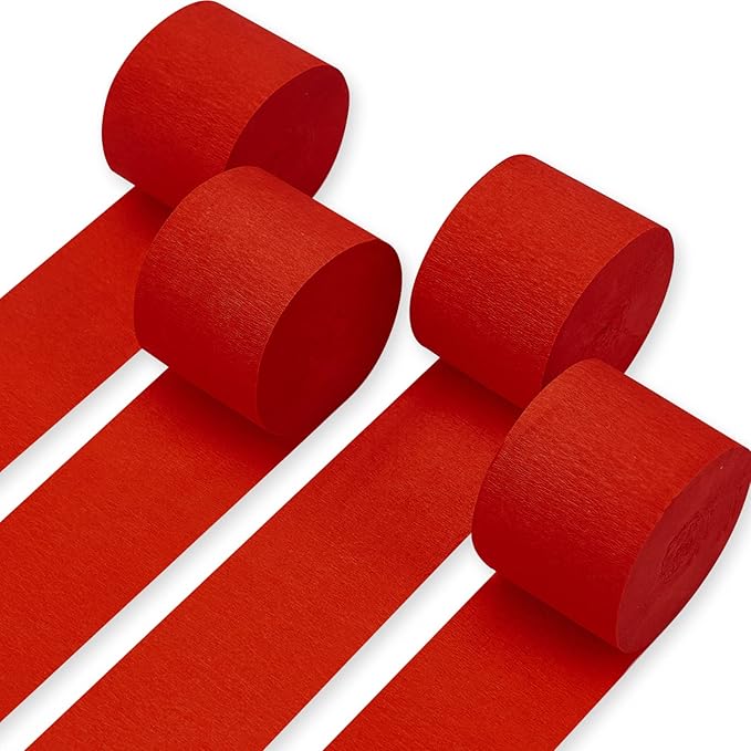 PartyWoo Crepe Paper Streamers 4 Rolls 328ft, Pack of Red Crepe Paper for Party, Wedding, Birthday & Baby Shower Decorations (1.8 Inch x 82 Ft/Roll)