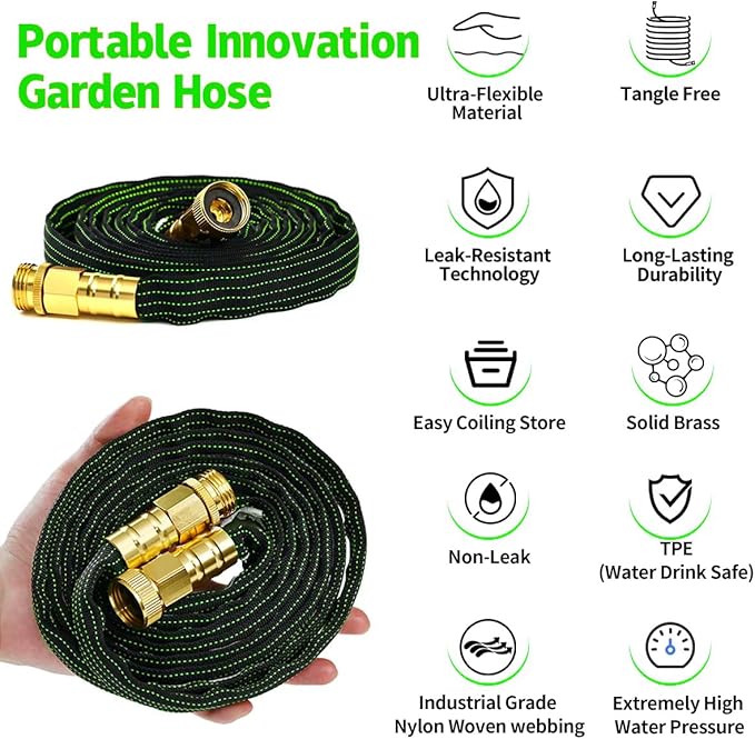 25FT Lightweight Flexible Garden Hose,Non-Slip Handles,Non-kink Hose,Solid Brass Fitting for Boats, RV Water Hose,Marine Washdown,Lawn,Garden,Leakproof TPE Hose (GreenBlack, 25 FT)
