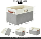 Large Collapsible Fabric Storage Bins with 3 Handles, Foldable Organizer Baskets for Closet, Shelves, Living Room | 3 Pack, Durable PU & Metal Handles (14.9"x9.8"x9.8", Gray & White)