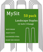 MySit 12" Garden Stakes Pins Landscape Staples 11Ga Tent Stakes 50 Pack, Heavy Duty Galvanized Steel Metal Yard Stakes Ground Lawn Staples Fence Anchors for Weed Barrier Fabric